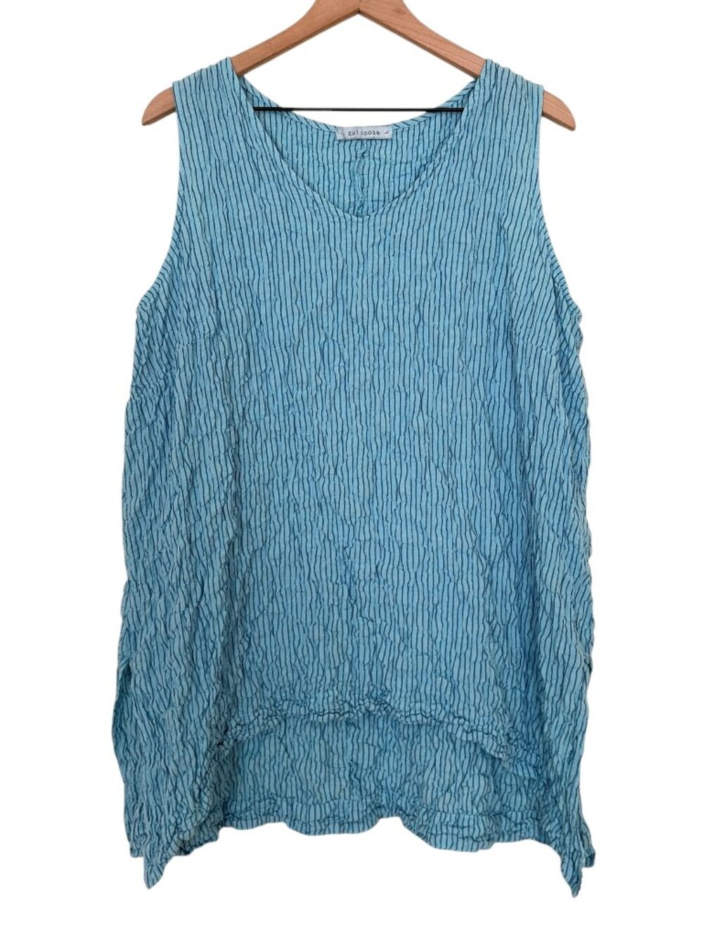 Cut Loose Blue Pinstripe Crinkle Texture Flowy Tunic Tank Top